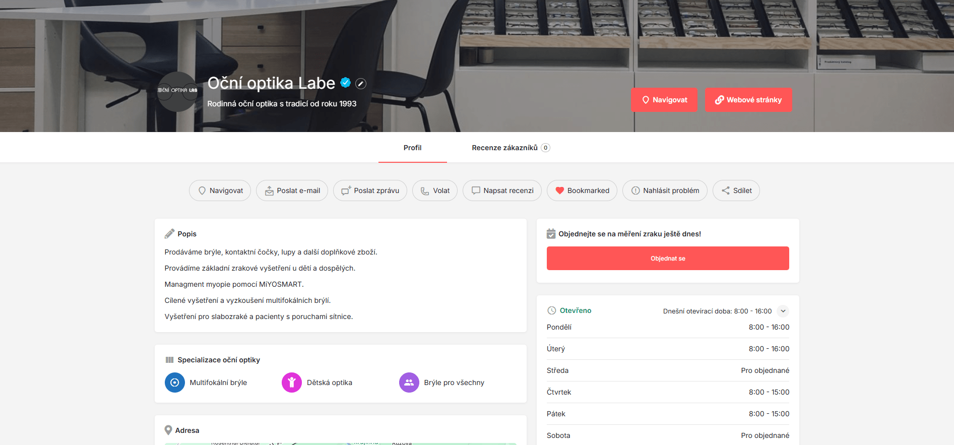 Náhled profilu oční optiky LABE